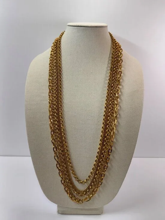 Vintage Gold Tone Heavy Multi 5 Strand Chain Necklace Statement Layered Runway - Picture 1 of 9